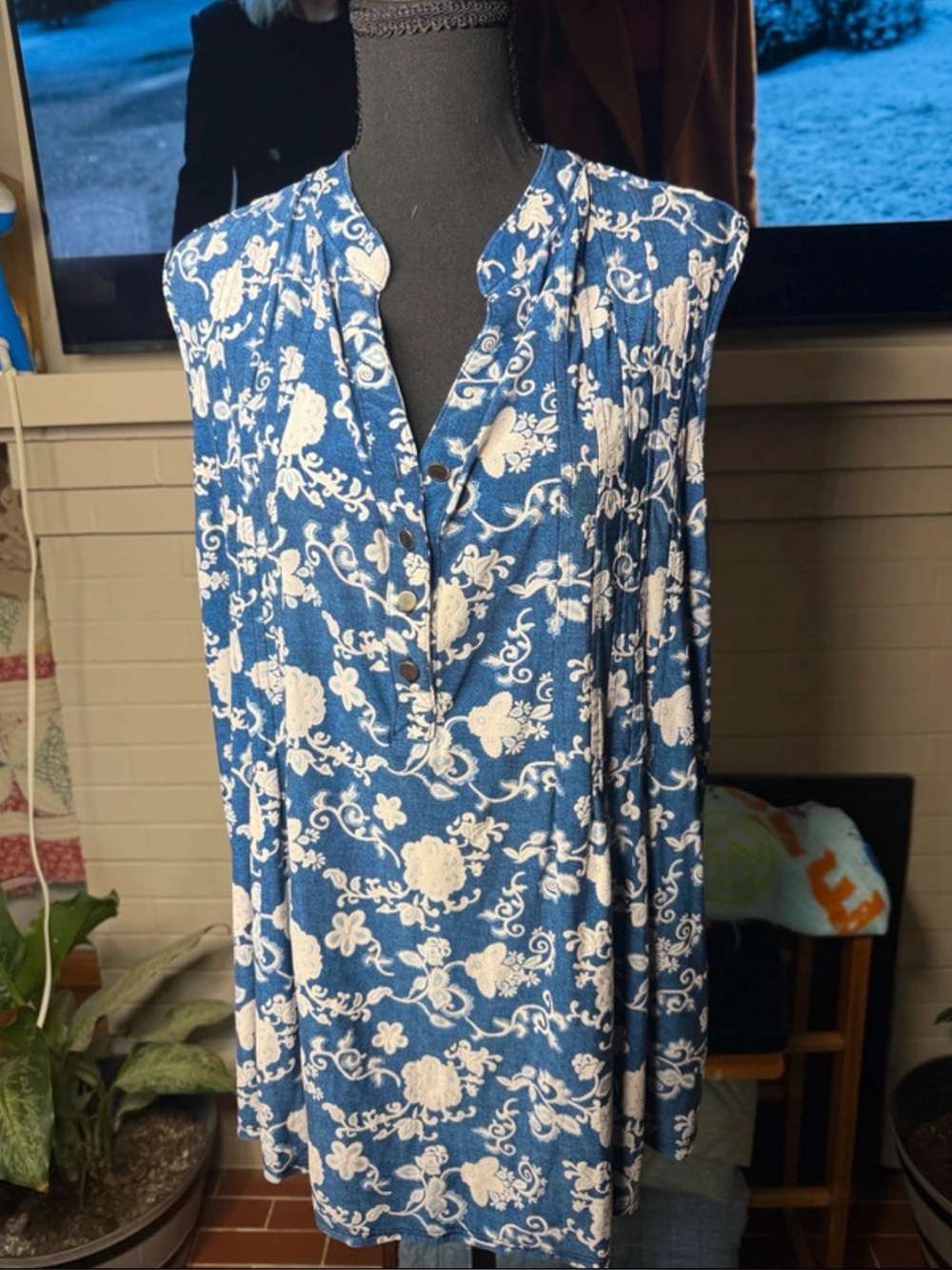 Westport Blue and White Long Sleeve Floral Henley Top